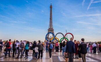 Place du Trocadero avec le sigle des JO devant la tour eiffel en arrière-plan