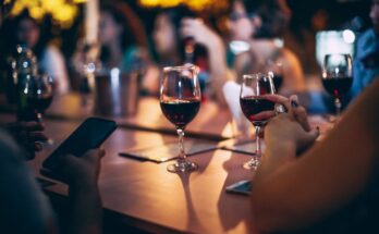 Des verres de vin rouge posés sur la table d'un bar animé durant une soirée conviviale entre amis.