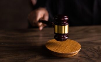 Une personne frappe avec un marteau de juge en bois sur son socle