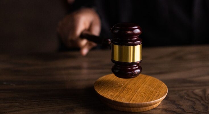 Une personne frappe avec un marteau de juge en bois sur son socle