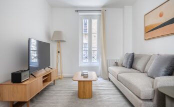 Un salon moderne et lumineux aménagé avec un canapé gris, une télévision sur meuble en bois et une fenêtre haute.